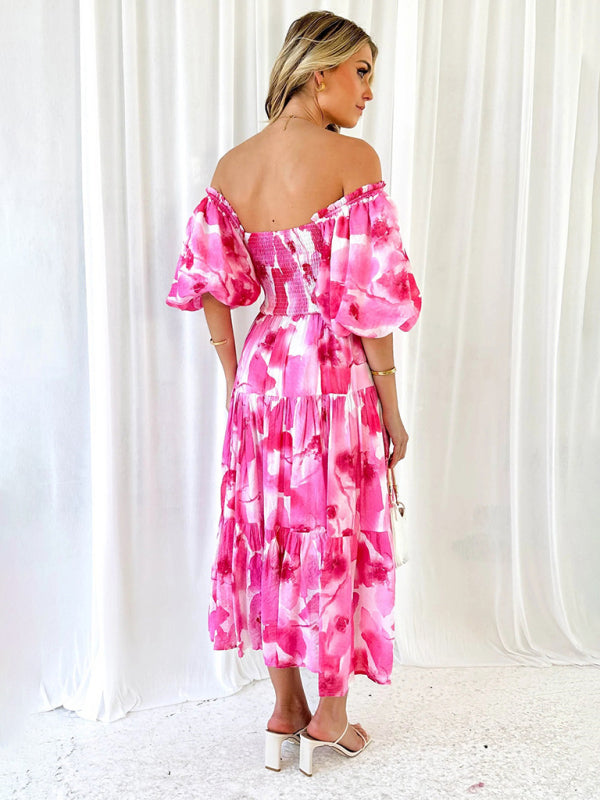 Vacation Dresses- Elegant Floral Off-Shoulder Midi Dress for Vacation with Balloon Sleeves- - Pekosa Women Clothing