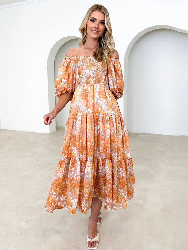 Vacation Dresses- Elegant Floral Off-Shoulder Midi Dress for Vacation with Balloon Sleeves- Yellow- Pekosa Women Clothing