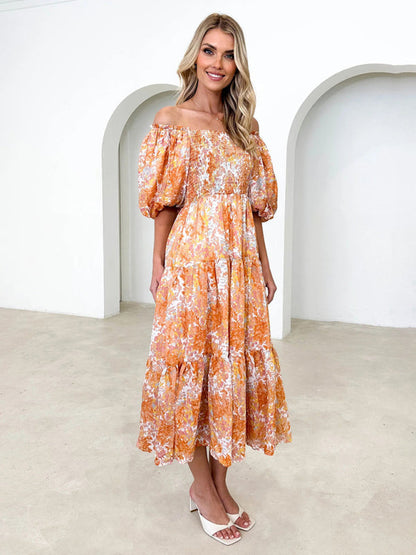 Vacation Dresses- Elegant Floral Off-Shoulder Midi Dress for Vacation with Balloon Sleeves- - Pekosa Women Clothing