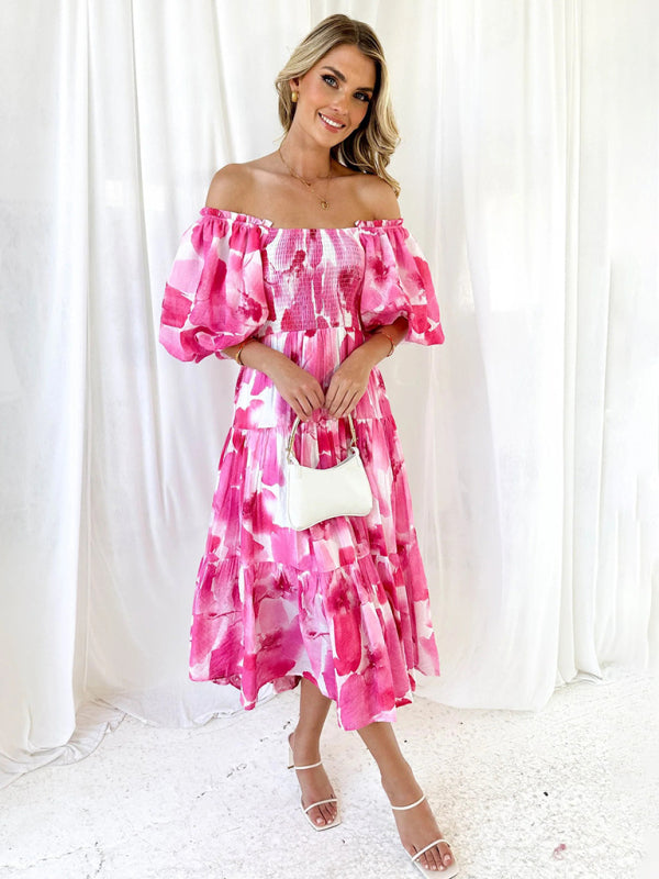 Vacation Dresses- Elegant Floral Off-Shoulder Midi Dress for Vacation with Balloon Sleeves- - Pekosa Women Clothing