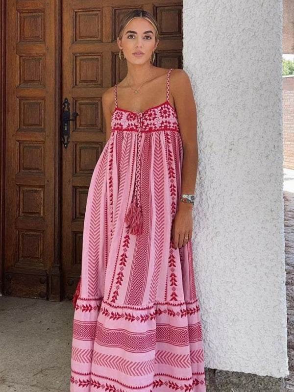 Vacation Dresses- Empire Waist Crochet Patchwork Vacation Dress- Pink- Pekosa Women Fashion