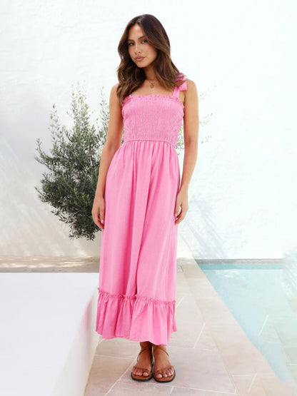 Vacation Dresses- Solid Cami Midi Dress with Smocked Bodice & Frill Accents- Pink- Pekosa Women Fashion