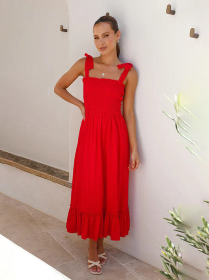 Vacation Dresses- Solid Cami Midi Dress with Smocked Bodice & Frill Accents- - Pekosa Women Fashion