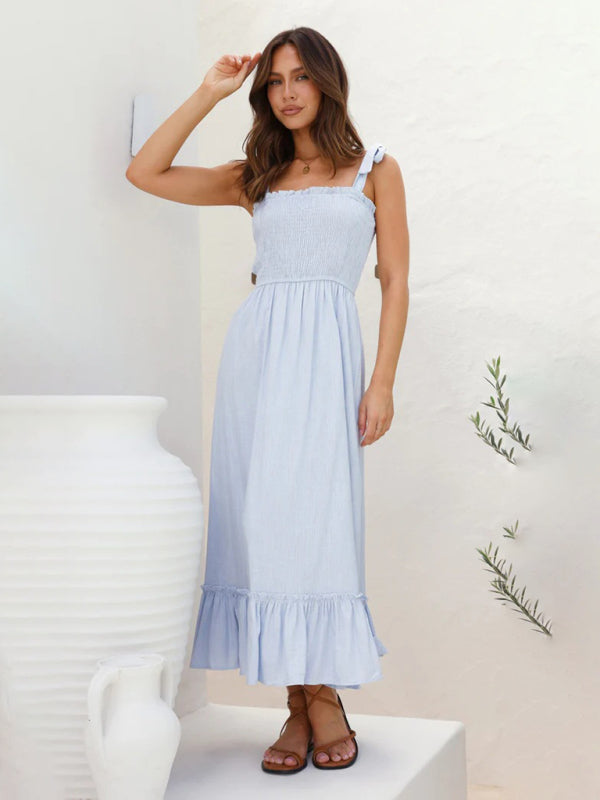 Vacation Dresses- Solid Cami Midi Dress with Smocked Bodice & Frill Accents- - Pekosa Women Fashion