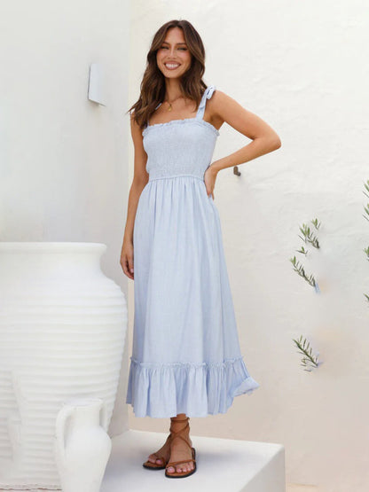 Vacation Dresses- Solid Cami Midi Dress with Smocked Bodice & Frill Accents- Clear blue- Pekosa Women Fashion