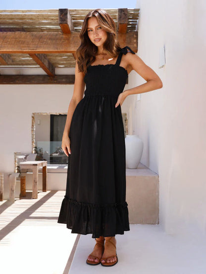 Vacation Dresses- Solid Cami Midi Dress with Smocked Bodice & Frill Accents- Black- Pekosa Women Fashion