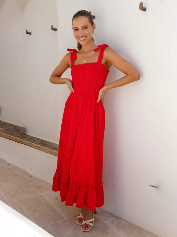 Vacation Dresses- Solid Cami Midi Dress with Smocked Bodice & Frill Accents- Red- Pekosa Women Fashion