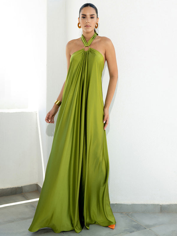 Vacation Dresses- Solid Satin Halter Backless Maxi Dress for Vacation- Green- Pekosa Women Clothing