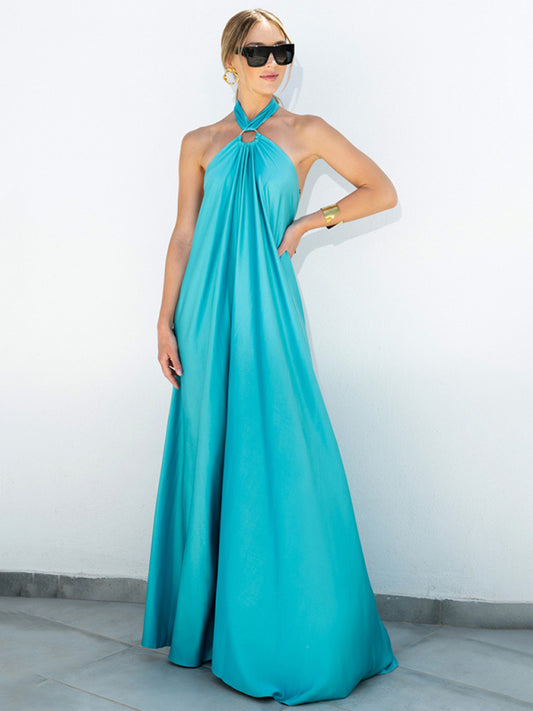 Vacation Dresses- Solid Satin Halter Backless Maxi Dress for Vacation- Blue- Pekosa Women Clothing