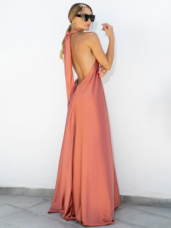 Vacation Dresses- Solid Satin Halter Backless Maxi Dress for Vacation- - Pekosa Women Clothing
