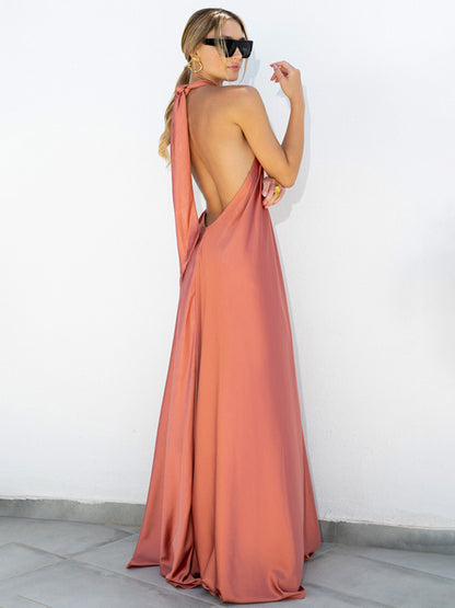 Vacation Dresses- Solid Satin Halter Backless Maxi Dress for Vacation- - Pekosa Women Clothing