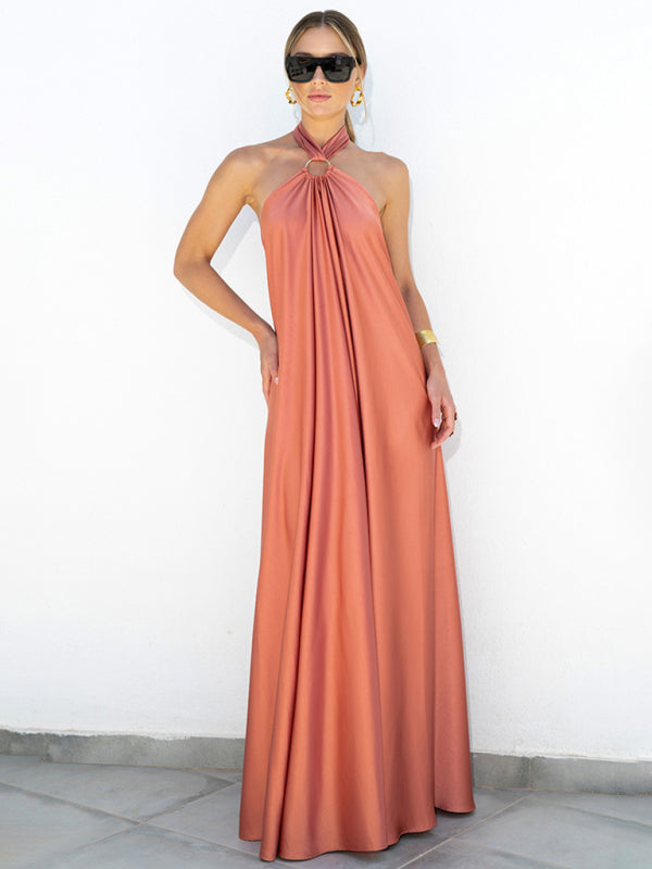 Vacation Dresses- Solid Satin Halter Backless Maxi Dress for Vacation- Orange Red- Pekosa Women Clothing