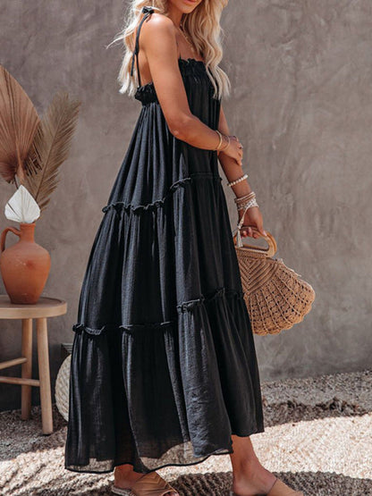 Vacation Dresses- Solid Tie-Shoulder Cami Tent Midi Dress with Tiered Ruffles- - Pekosa Women Clothing