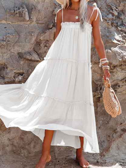 Vacation Dresses- Solid Tie-Shoulder Cami Tent Midi Dress with Tiered Ruffles- White- Pekosa Women Clothing