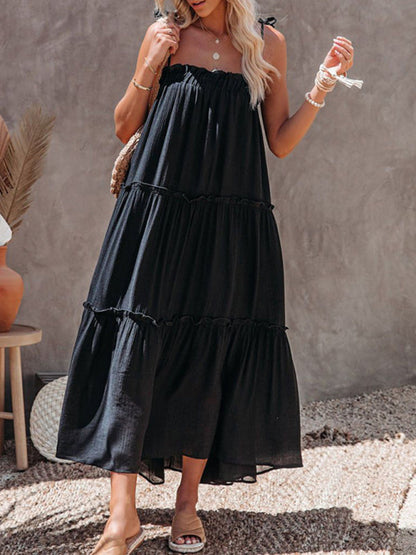 Vacation Dresses- Solid Tie-Shoulder Cami Tent Midi Dress with Tiered Ruffles- - Pekosa Women Clothing