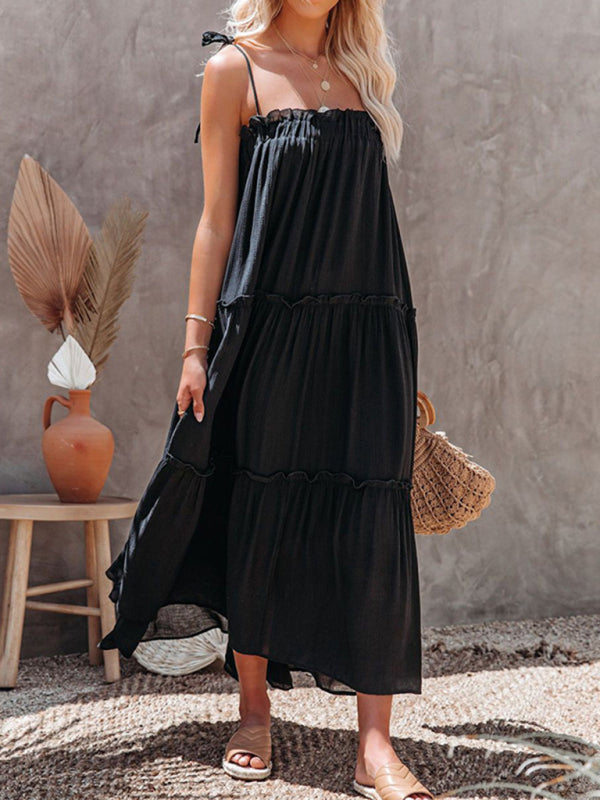 Vacation Dresses- Solid Tie-Shoulder Cami Tent Midi Dress with Tiered Ruffles- - Pekosa Women Clothing