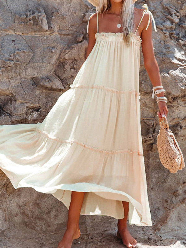 Vacation Dresses- Solid Tie-Shoulder Cami Tent Midi Dress with Tiered Ruffles- Cracker khaki- Pekosa Women Clothing