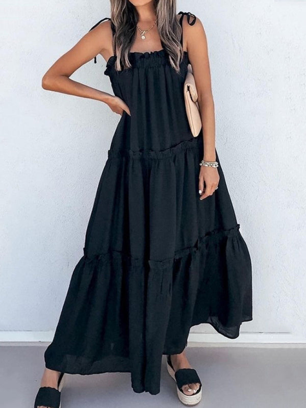 Vacation Dresses- Solid Tie-Shoulder Cami Tent Midi Dress with Tiered Ruffles- Black- Pekosa Women Clothing