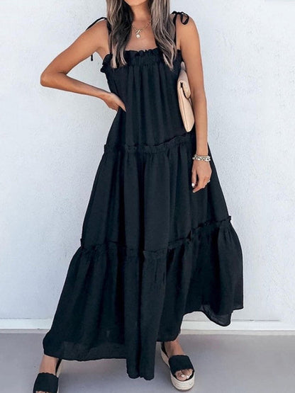 Vacation Dresses- Solid Tie-Shoulder Cami Tent Midi Dress with Tiered Ruffles- Black- Pekosa Women Clothing