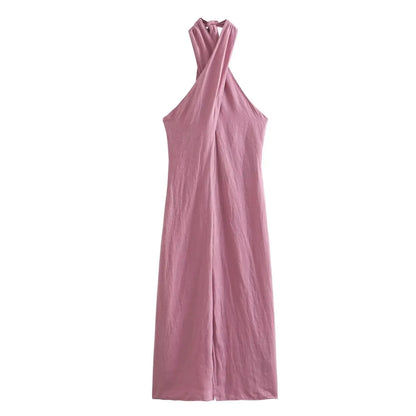 Vacation Dresses- Summer Criss-Cross Halter Backless Maxi Dress in Cotton Blend- Pink- Chuzko Women Clothing