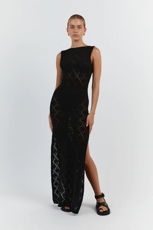 Vacation Dresses- Summer Open Diamond Knit Tank Maxi Dress with Slit- Black- Pekosa Women Clothing