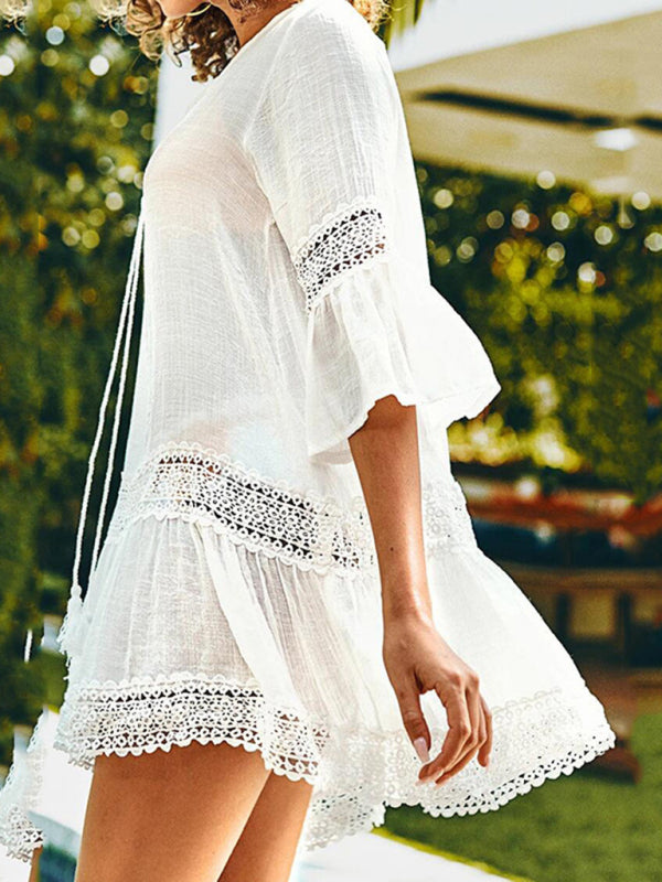 Vacation Dresses- Trendy Women's Lace Accent Cover Up Drape Dress - Vacation Must-Have!- - Pekosa Women Clothing