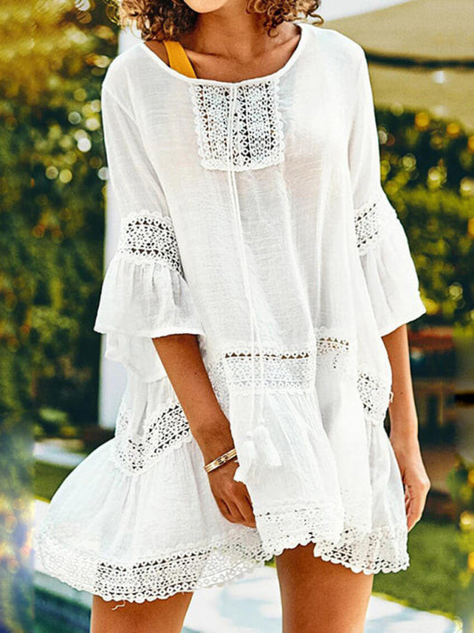 Vacation Dresses- Trendy Women's Lace Accent Cover Up Drape Dress - Vacation Must-Have!- White- Pekosa Women Clothing