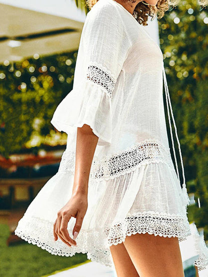 Vacation Dresses- Trendy Women's Lace Accent Cover Up Drape Dress - Vacation Must-Have!- - Pekosa Women Clothing