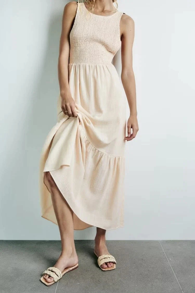 Vacation Dresses- Vacation A-Line Tiered Backless Maxi Dress with Smocked Bodice in Cotton- Beige- Pekosa Women Fashion