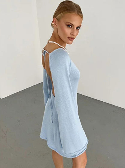 Vacation Dresses- Vacation Bell Sleeve Backless Mini Dress- Clear blue- Pekosa Women Clothing