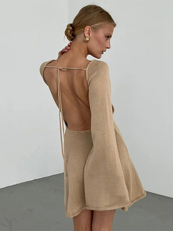 Vacation Dresses- Vacation Bell Sleeve Backless Mini Dress- Khaki- Pekosa Women Clothing