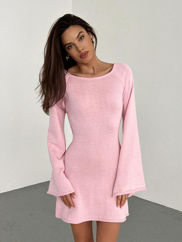 Vacation Dresses- Vacation Bell Sleeve Backless Mini Dress- Pink- Pekosa Women Clothing