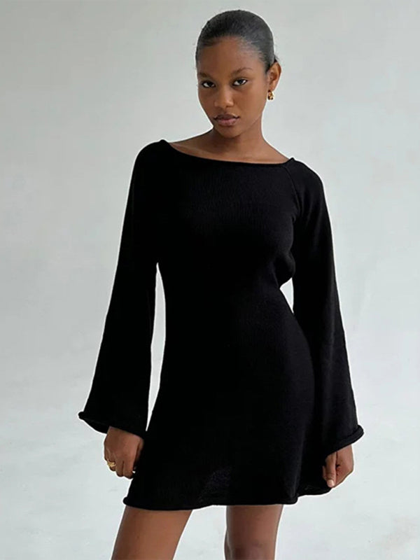 Vacation Dresses- Vacation Bell Sleeve Backless Mini Dress- Black- Pekosa Women Clothing