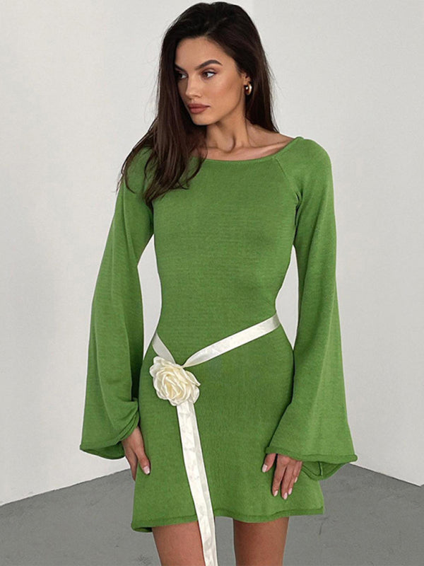 Vacation Dresses- Vacation Bell Sleeve Backless Mini Dress- Green- Pekosa Women Clothing