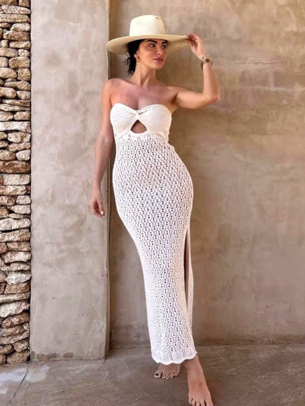 Vacation Dresses- Vacation Knit Strapless Tube Cutout Mermaid Dress for Summer- - Pekosa Women Clothing