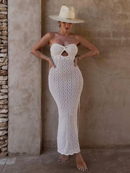 Vacation Dresses- Vacation Knit Strapless Tube Cutout Mermaid Dress for Summer- - Pekosa Women Clothing