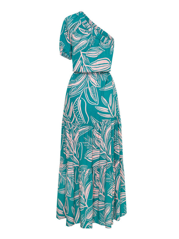 Vacation Dresses- Vacation One Shoulder Puff Sleeves Tiered Ruffle Blouson Maxi Dress.- - Pekosa Women Clothing