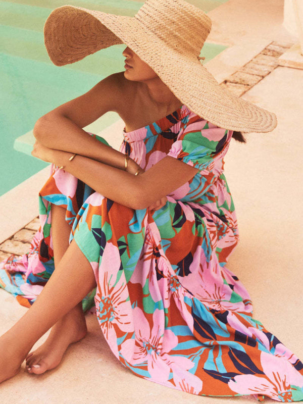 Vacation Dresses- Vacation One Shoulder Puff Sleeves Tiered Ruffle Blouson Maxi Dress.- - Pekosa Women Clothing