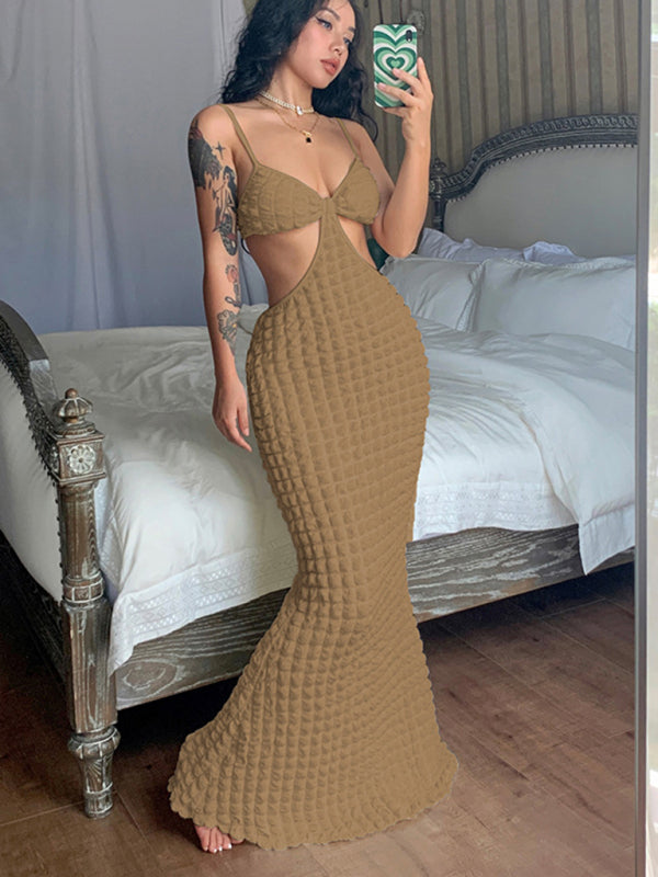 Vacation Dresses- Vacation Textured Bodycon Spaghetti Straps Cut Out Dress- Camel- Pekosa Women Clothing