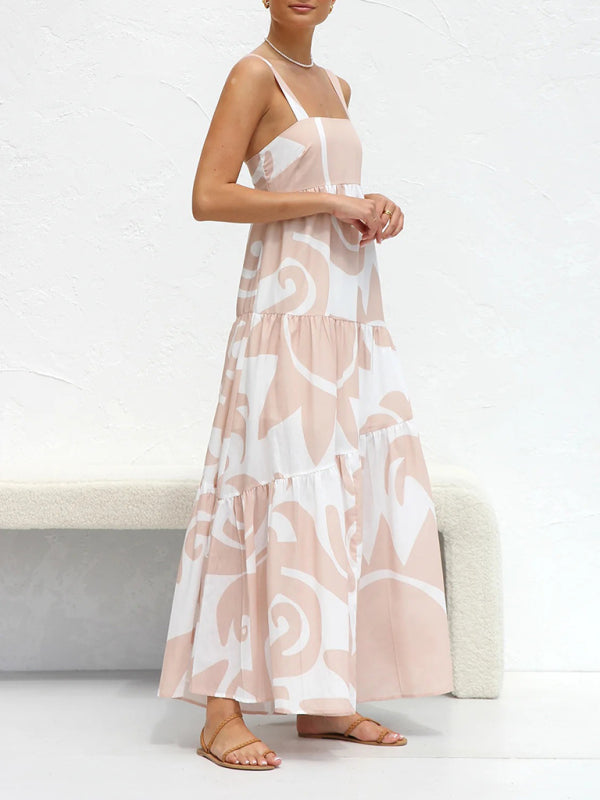 Vacation Dresses- Vacation-ready Tiered Cami Maxi Dress in Pastel Print- - Pekosa Women Clothing