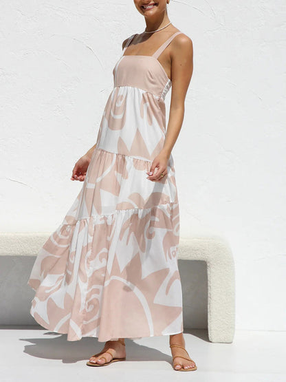 Vacation Dresses- Vacation-ready Tiered Cami Maxi Dress in Pastel Print- - Pekosa Women Clothing