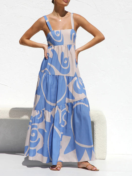 Vacation Dresses- Vacation-ready Tiered Cami Maxi Dress in Pastel Print- Blue- Pekosa Women Clothing