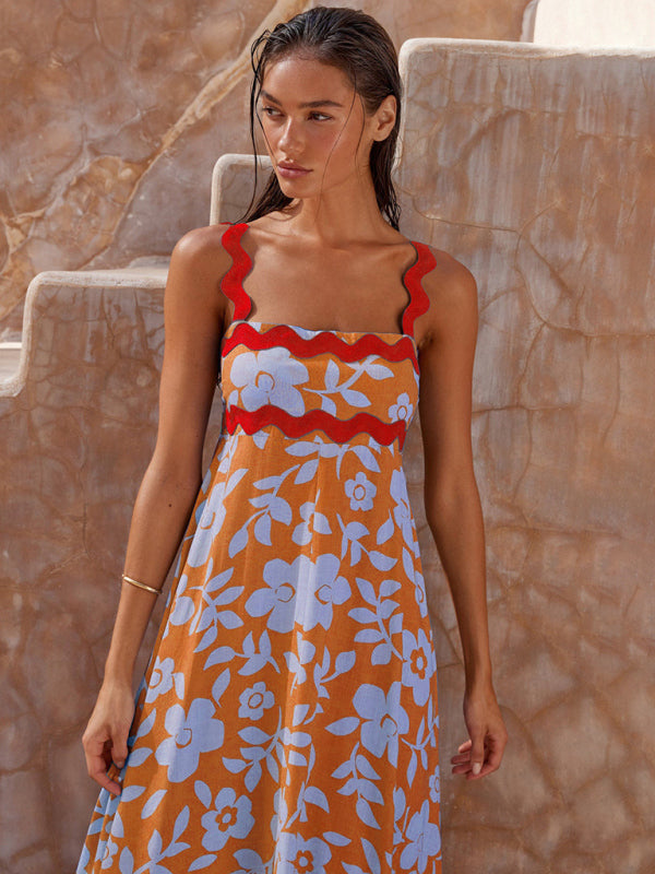 Vacation Dresses- Vacay A-Line Cami Long Dress in Vibrant Print & Contrast Wave Trim- - Pekosa Women Clothing