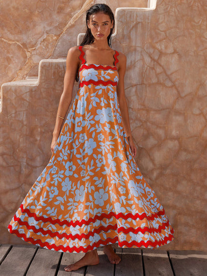 Vacation Dresses- Vacay A-Line Cami Long Dress in Vibrant Print & Contrast Wave Trim- Orange- Pekosa Women Clothing