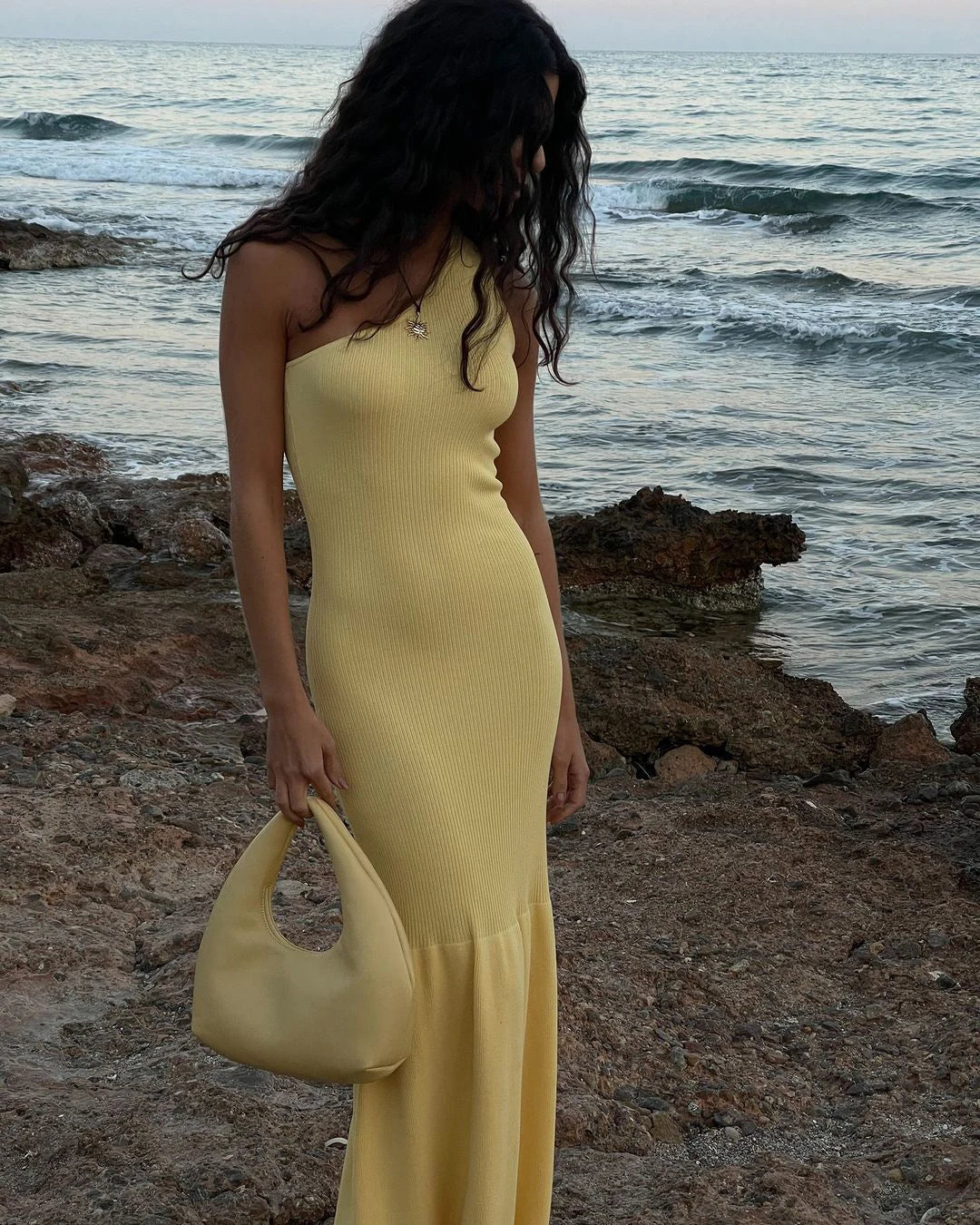 Vacation Dresses- Women's Knit Mermaid Maxi Dress - One-Shoulder Trumpet Dress- yellow- Chuzko Women Clothing