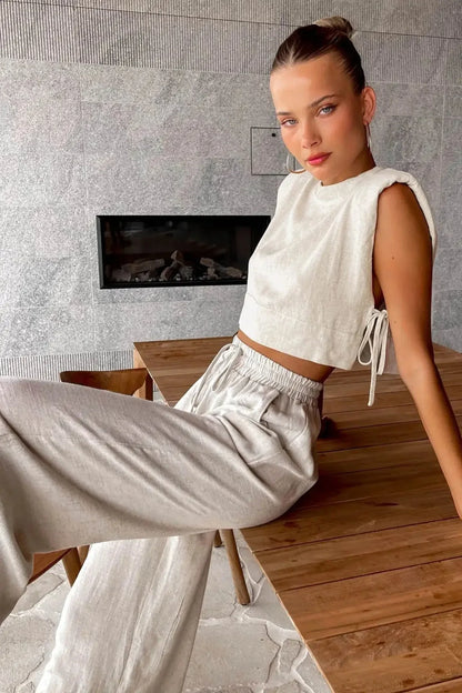 Vacation Outfit Set- 2-Piece Cotton Linen Lounge Outfit for Vacay - Crop Tie Top & Linen Pants- Khaki- Chuzko Women Clothing