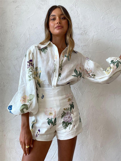 Vacation Outfit- Summer Women Floral Print Balloon Sleeve Shirt & Shorts 2-Piece- White- Pekosa Women Clothing