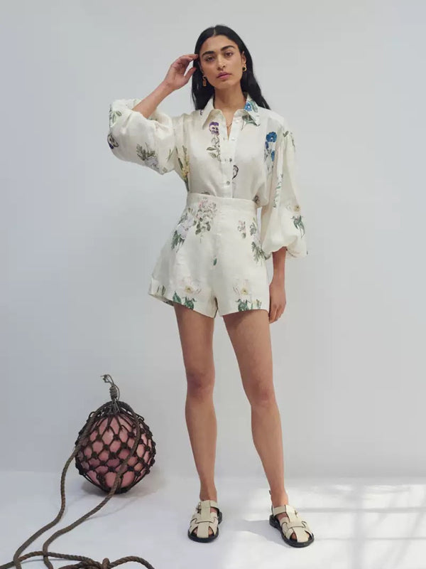 Vacation Outfit- Summer Women Floral Print Balloon Sleeve Shirt & Shorts 2-Piece- - Pekosa Women Clothing