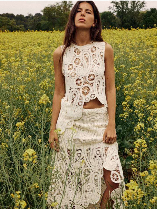 Vacation Outfits- Summer Asymmetric Crochet 2 Piece Set - Lined Mini Skirt & See-Through Top- White- Pekosa Women Fashion