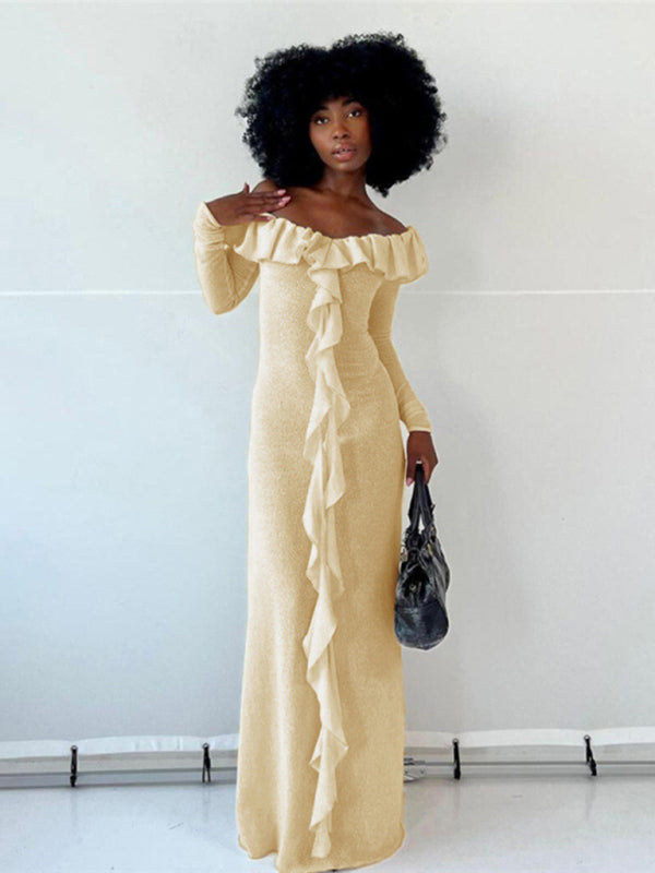 Vacation dresses- Vacation Textured Autumn Off Shoulder Ruffle Maxi Dress- - Pekosa Women Clothing